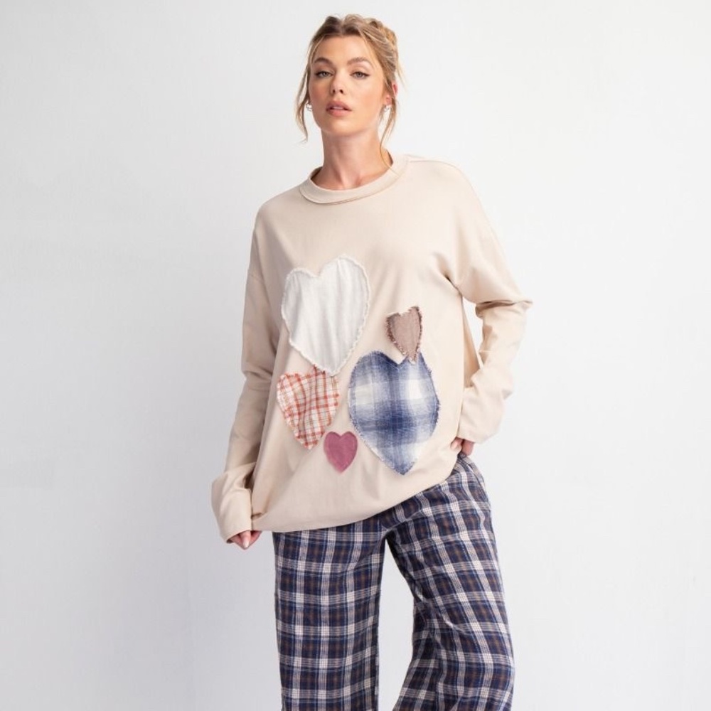 New Easel Women's Long Sleeve Top Shirt Tan Heart Sweatshirt Patches Boho NWT